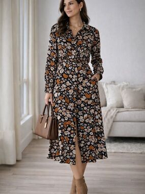Who What Wear Black Floral Button-Front Midi Dress with Rust Accents